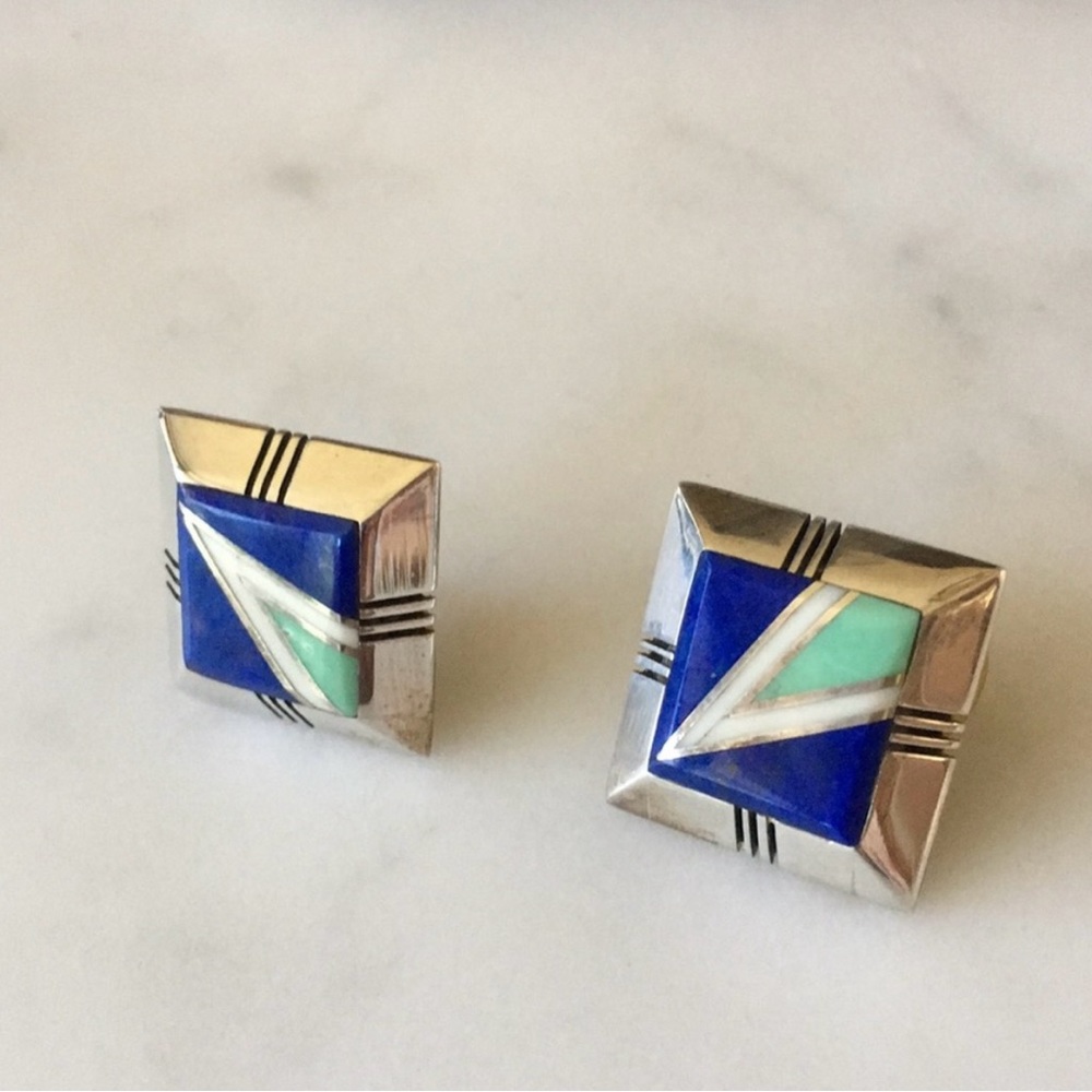 Vintage Gilbert Nelson Native American Lapis Turquoise Navajo Earrings - Picture 5 of 14